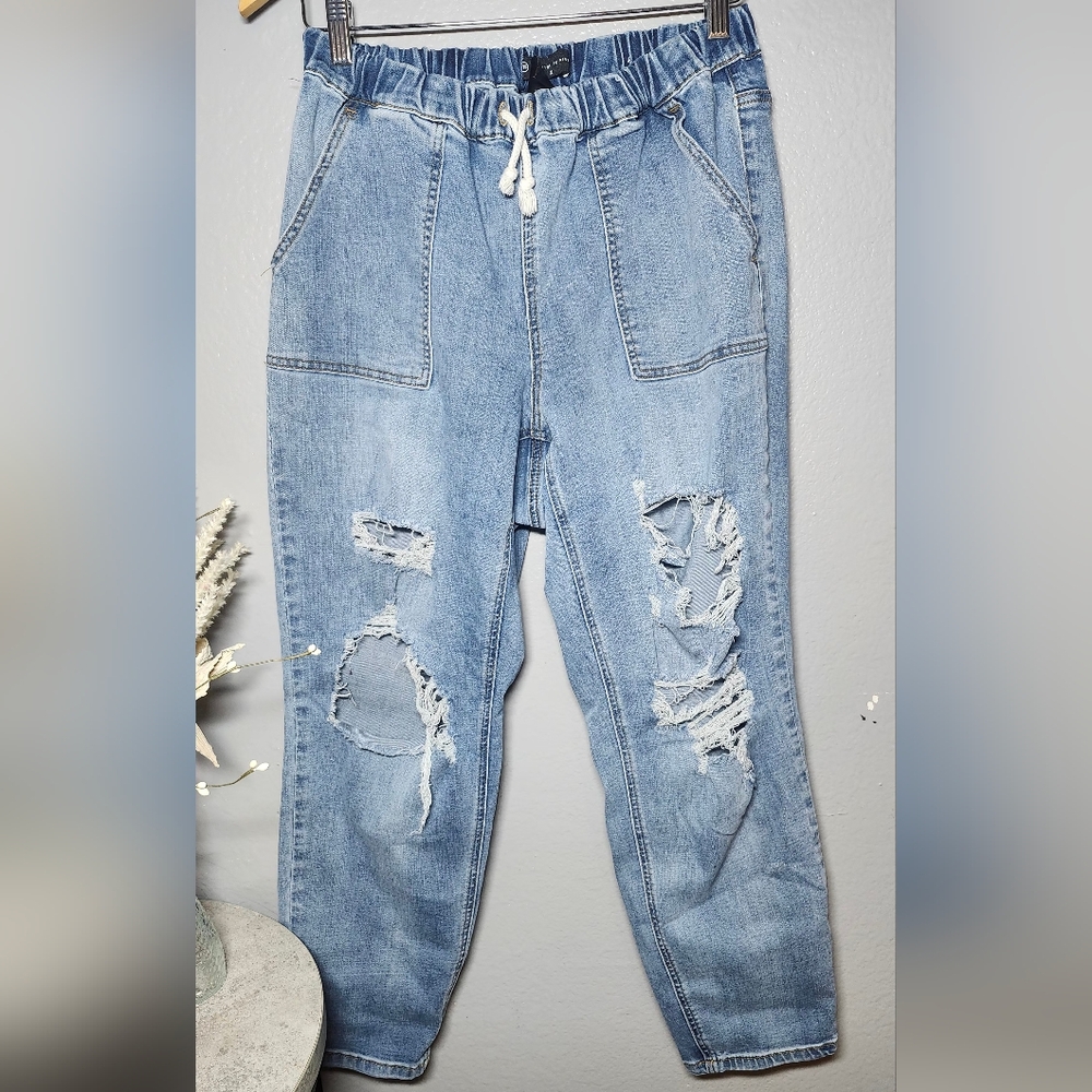 Distressed Blue Denim Jogger Pants
